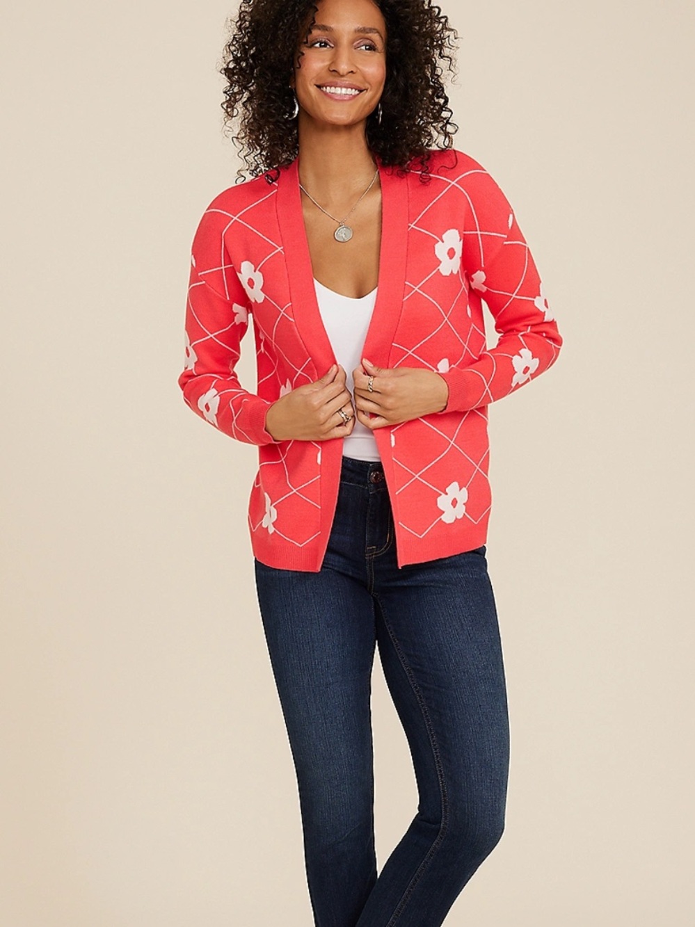 Maurices NWT Floral Argyle Open Front Cardigan Sweater XS Coral Pink White